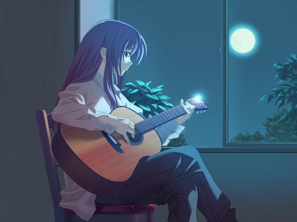 Anime picture 1024x768 with sitting green eyes purple hair looking back night crossed legs plant (plants) tree (trees) window moon chair musical instrument guitar