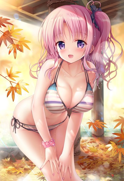 Anime picture 1000x1458 with original izumi kaori (twinbox) sousouman single long hair tall image looking at viewer blush fringe breasts open mouth light erotic smile large breasts standing purple eyes bare shoulders pink hair cleavage outdoors