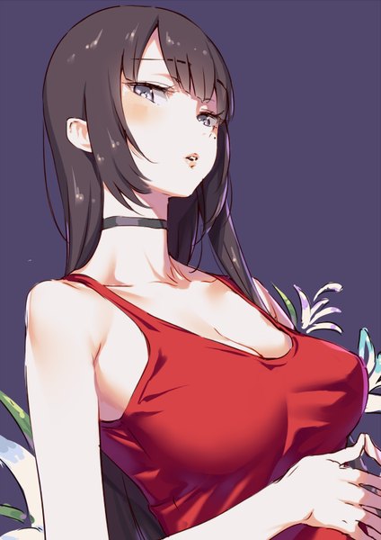 Anime picture 566x800 with original aida takanobu single long hair tall image looking at viewer blush fringe breasts light erotic black hair simple background large breasts bare shoulders parted lips lips mole grey eyes mole under eye dark background
