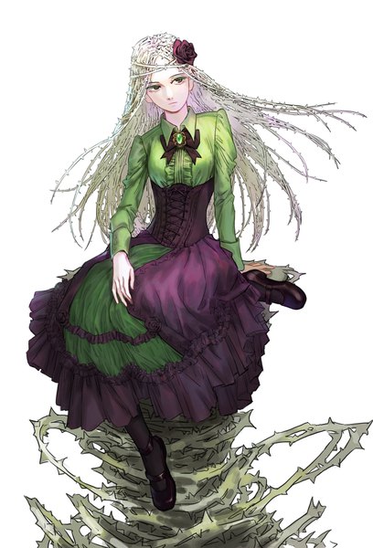 Anime picture 1626x2390 with boku no hero academia studio bones shiozaki ibara scy single long hair tall image simple background white background sitting green eyes looking away full body hair flower arm support hand on knee girl flower (flowers) plant (plants) pantyhose