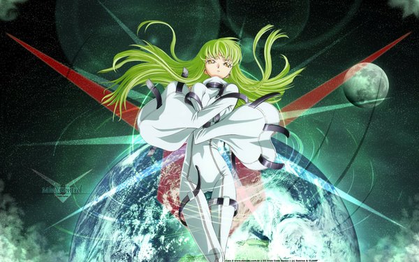 Anime picture 1920x1200 with code geass sunrise (studio) c.c. single long hair fringe highres wide image yellow eyes long sleeves green hair wide sleeves girl