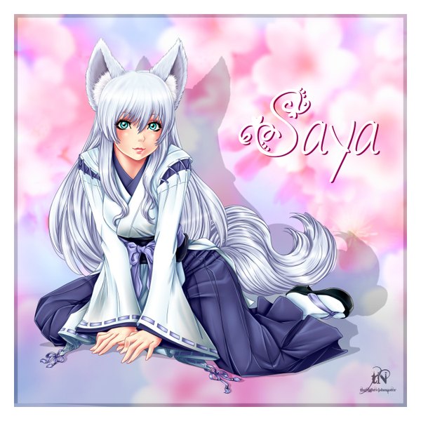 Anime picture 3000x3000 with original saya (original) thenightwishmaster single long hair looking at viewer blush highres blue eyes animal ears silver hair tail traditional clothes japanese clothes animal tail lips girl