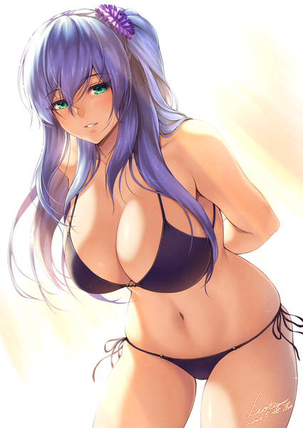 Anime picture 779x1100 with original lioreo single long hair tall image looking at viewer blush fringe breasts light erotic simple background hair between eyes large breasts standing signed blue hair cleavage parted lips aqua eyes light smile