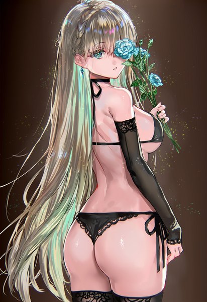 Anime picture 963x1400 with original ranou single long hair tall image looking at viewer fringe breasts blue eyes light erotic simple background blonde hair large breasts standing holding ass braid (braids) parted lips looking back multicolored hair