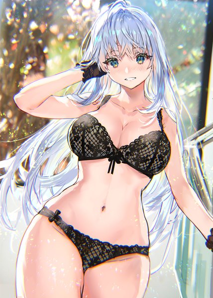 Anime picture 1141x1600 with original ranou single long hair tall image looking at viewer blush fringe breasts blue eyes light erotic smile large breasts standing bare shoulders cleavage silver hair parted lips arm up underwear only