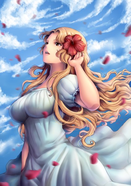 Anime picture 945x1336 with one piece toei animation portgas d rouge yumiyokiak single long hair tall image open mouth blonde hair brown eyes sky cloud (clouds) hair flower looking up girl dress hair ornament flower (flowers) petals sundress