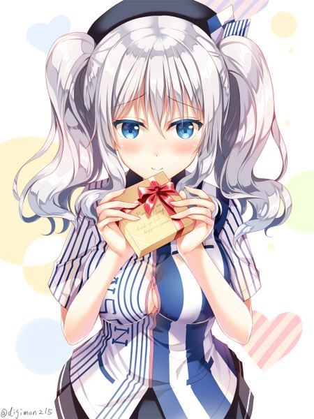 Anime picture 1000x1334 with kantai collection lawson kashima training cruiser sousouman single long hair tall image looking at viewer blush blue eyes light erotic smile twintails white hair valentine girl uniform gift employee uniform