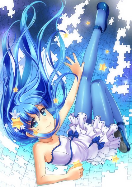 Anime picture 1200x1696 with original arseniquez single long hair tall image blue eyes smile bare shoulders blue hair looking back girl dress bow pantyhose star (symbol) puzzle