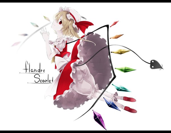 Anime picture 1462x1137 with touhou flandre scarlet crazyoton46 single looking at viewer short hair simple background blonde hair smile red eyes white background full body tail profile short sleeves puffy sleeves character names one side up demon tail upskirt