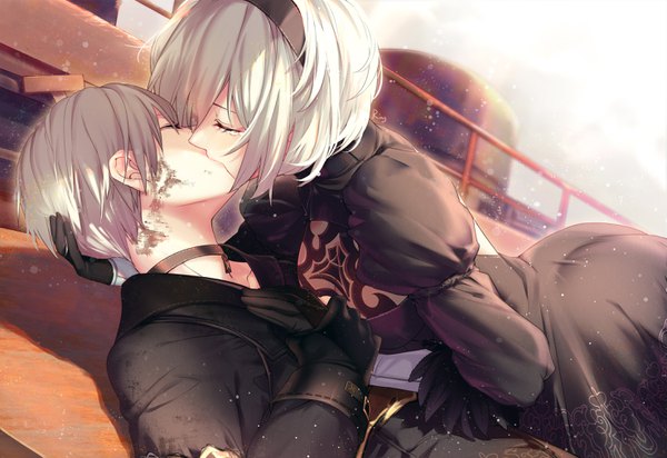 Anime picture 2952x2031 with nier nier:automata yorha no. 2 type b yorha no. 9 type s aki663 fringe highres short hair light erotic blonde hair multiple girls holding ass lying eyes closed puffy sleeves tears holding hands hand on chest shoujo ai