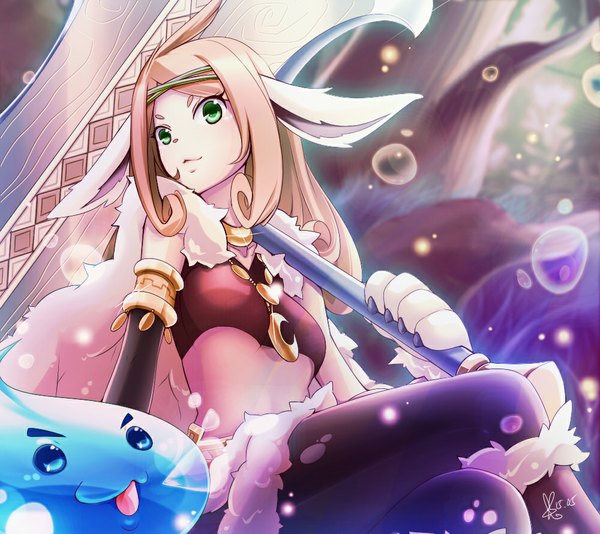 Anime picture 1000x891 with blackrabbit0626 single long hair blue eyes blonde hair green eyes animal ears crossed legs girl weapon tongue fur huge weapon