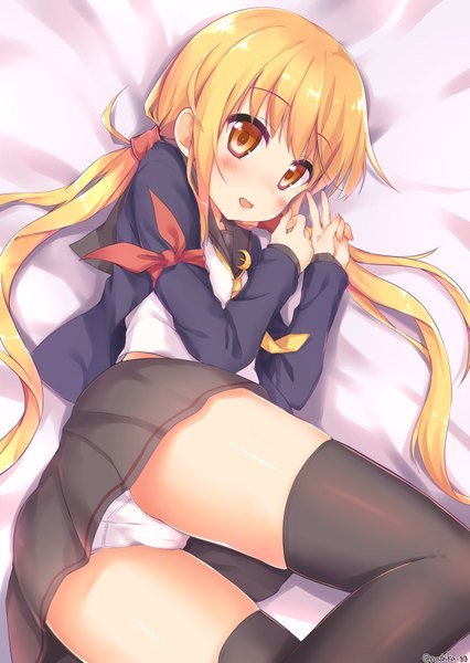 Anime picture 1447x2039 with kantai collection satsuki destroyer single long hair tall image looking at viewer blush fringe open mouth light erotic blonde hair twintails lying pleated skirt orange eyes low twintails girl thighhighs skirt underwear
