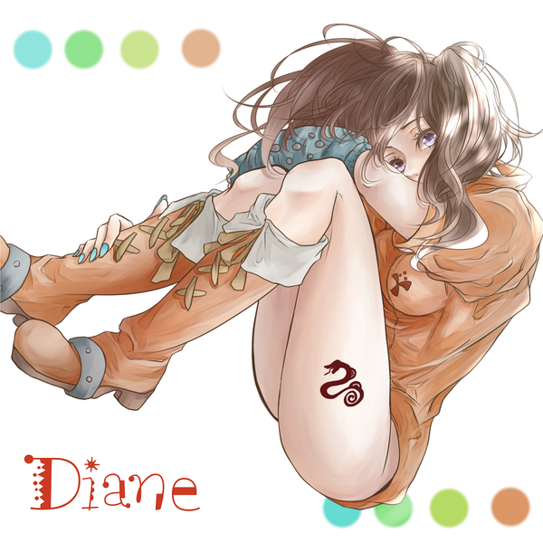 Anime picture 900x900 with nanatsu no taizai a-1 pictures diane (nanatsu no taizai) syarara23 single long hair looking at viewer fringe light erotic simple background brown hair white background purple eyes twintails full body bent knee (knees) nail polish tattoo character names lacing