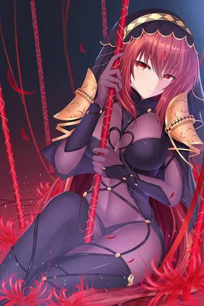 Anime picture 1250x1875 with fate (series) fate/grand order scathach (fate) (all) scathach (fate) feng mouren single long hair tall image looking at viewer blush fringe breasts light erotic hair between eyes red eyes sitting holding purple hair head tilt covered navel