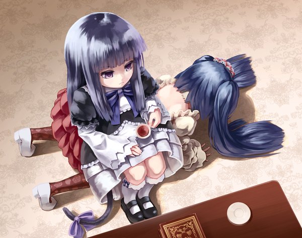 Anime picture 1525x1200 with umineko no naku koro ni frederica bernkastel furudo erika jet-waltz long hair black hair purple eyes twintails multiple girls blue hair girl dress 2 girls socks white socks cup