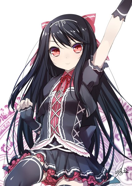 Anime picture 848x1200 with maou to an mattari yuttari seikaiseifuku original orurea 47agdragon single long hair tall image blush fringe black hair simple background smile red eyes white background signed looking away bent knee (knees) pleated skirt arm up official art