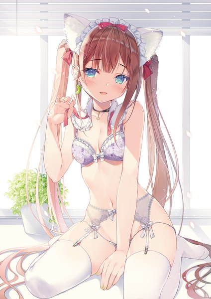 Anime picture 1357x1920 with original miwabe sakura single tall image looking at viewer blush fringe open mouth light erotic sitting twintails animal ears blunt bangs very long hair nail polish head tilt :d arm up aqua eyes fingernails