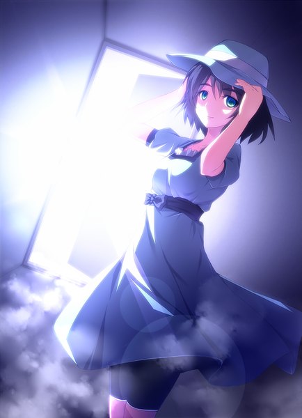 Anime picture 900x1244 with steins;gate white fox shiina mayuri ryosios single tall image looking at viewer short hair black hair green eyes girl dress hat sundress