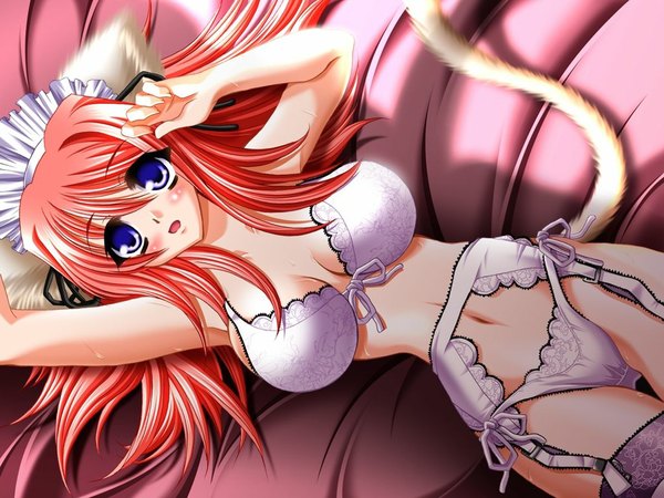Anime picture 1024x768 with kegaretaeiyu (game) breasts blue eyes light erotic large breasts animal ears game cg red hair tail lying underwear only girl underwear panties