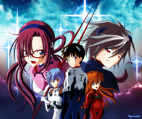 Anime picture 1354x1134 with neon genesis evangelion gainax soryu asuka langley ayanami rei ikari shinji nagisa kaworu makinami mari illustrious psyconorikan open mouth blue eyes smile red eyes brown hair purple eyes multiple girls pink hair sky purple hair cloud (clouds) looking back