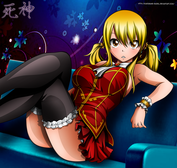 Anime picture 4200x3970 with fairy tail lucy heartfilia kurogane-raziel single long hair blush highres light erotic blonde hair twintails brown eyes absurdres crossed legs coloring short twintails girl thighhighs dress black thighhighs wrist cuffs