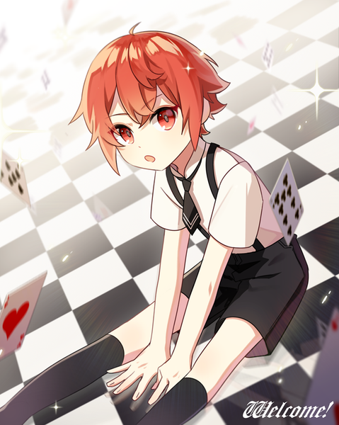 Anime picture 798x1000 with nico nico singer urashimasakatasen aho no sakata sal single tall image looking at viewer short hair open mouth red eyes sitting red hair from above sparkle text english checkered floor floor boy socks