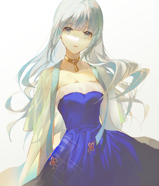 Anime picture 1000x1168 with genshin impact kamisato ayaka cha chya single long hair tall image looking at viewer fringe simple background white background silver hair mole alternate costume mole under eye alternate hairstyle silver eyes hair down girl dress blue dress