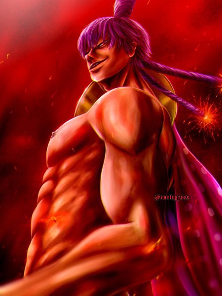Anime picture 768x1024 with one piece toei animation charlotte cracker tsan3010228 single long hair tall image looking at viewer fringe smile hair between eyes standing purple eyes signed purple hair parted lips from below twitter username looking down topless