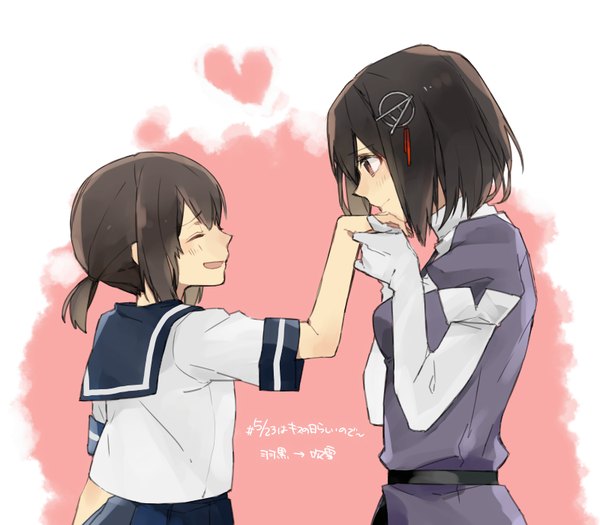 Anime picture 800x700 with kantai collection fubuki destroyer haguro heavy cruiser hita (hitapita) short hair open mouth brown hair multiple girls brown eyes ponytail eyes closed profile light smile text holding hands shoujo ai ^ ^ girl gloves uniform