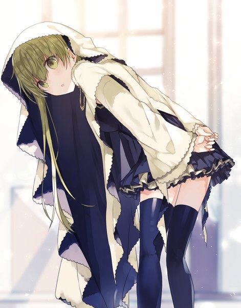Anime picture 750x956 with shiro seijo to kuro bokushi original cecilia (shiro seijo to kuro bokushi) teigi single long hair tall image blush fringe open mouth hair between eyes standing green eyes looking away pleated skirt green hair wide sleeves leaning depth of field zettai ryouiki