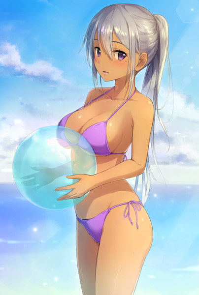 Anime picture 674x1000 with original sakusaku single long hair tall image looking at viewer blush fringe breasts open mouth light erotic hair between eyes large breasts standing purple eyes bare shoulders payot sky cleavage silver hair
