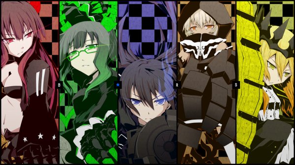 Anime picture 1280x720 with black rock shooter black rock shooter (character) dead master strength (black rock shooter) black gold saw long hair black hair blonde hair red eyes wide image multiple girls green eyes yellow eyes white hair horn (horns) orange eyes glowing glowing eye (eyes) multiview checkered background