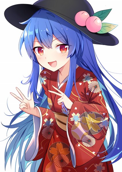 Anime picture 900x1270 with touhou hinanawi tenshi e.o. single long hair tall image looking at viewer open mouth simple background red eyes white background blue hair traditional clothes :d japanese clothes victory girl hat kimono obi