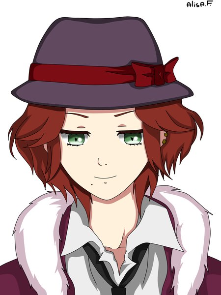 Anime picture 1536x2048 with diabolik lovers idea factory sakamaki raito aisa.f single tall image simple background white background green eyes red hair light smile mole vector mole under mouth vampire boy bow ribbon (ribbons) hat shirt
