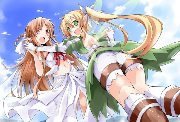Anime picture 1500x1016 with sword art online a-1 pictures yuuki asuna leafa titania (alo) vivi (eve no hakoniwa) long hair blush open mouth light erotic red eyes brown hair multiple girls green eyes sky cloud (clouds) ponytail pointy ears midriff girl