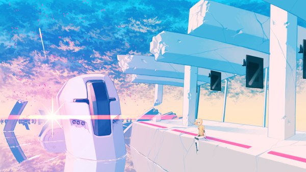 Anime picture 1500x844 with original asgr single long hair fringe blonde hair wide image sitting sky cloud (clouds) sunlight ruins destruction girl shirt water sun robot aircraft airplane