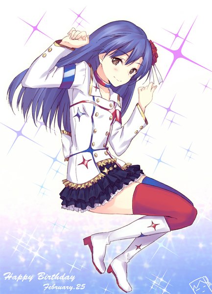 Anime picture 720x998 with idolmaster idolmaster movie kisaragi chihaya kokusan moyashi single tall image looking at viewer blush fringe smile white background brown eyes blue hair long sleeves hair flower gradient background blue background jumping frilly skirt happy birthday