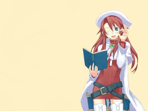 Anime picture 1024x768 with summon night summon night 3 aty (summon night) single long hair looking at viewer blush fringe blue eyes simple background smile red hair one eye closed wink yellow background adjusting glasses girl glasses belt book (books)