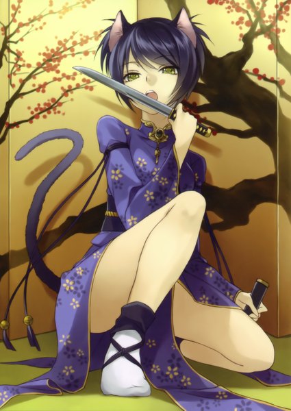 Anime picture 2144x3029 with original japanese sword girls (artbook) ryou (kimagure) single tall image highres short hair open mouth animal ears yellow eyes blue hair animal tail legs chinese clothes girl weapon chinese dress knife