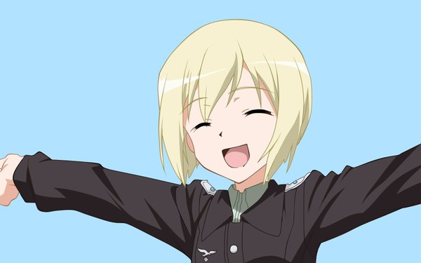 Anime picture 1920x1200 with strike witches erica hartmann single highres short hair open mouth simple background wide image eyes closed happy spread arms