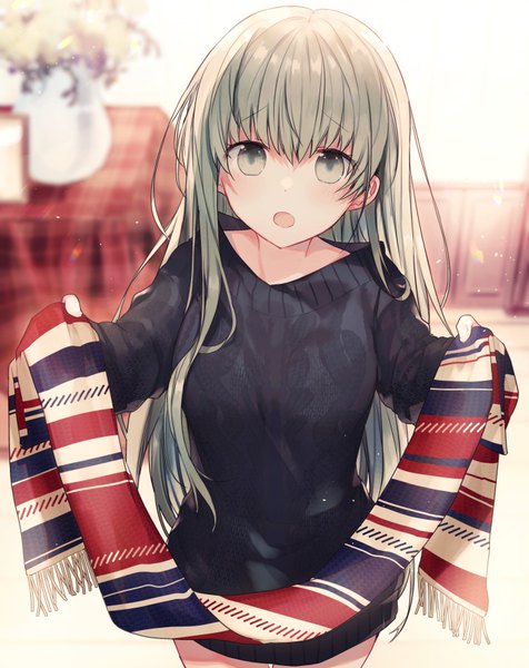 Anime picture 700x883 with shiro seijo to kuro bokushi cecilia (shiro seijo to kuro bokushi) teigi single long hair tall image looking at viewer blush fringe open mouth hair between eyes standing holding green eyes indoors green hair blurry girl scarf sweater