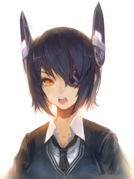 Anime picture 1855x2469 with kantai collection tenryuu light cruiser sola7764 single tall image looking at viewer highres short hair black hair simple background white background upper body orange eyes backlighting girl shirt necktie headdress sweater eyepatch