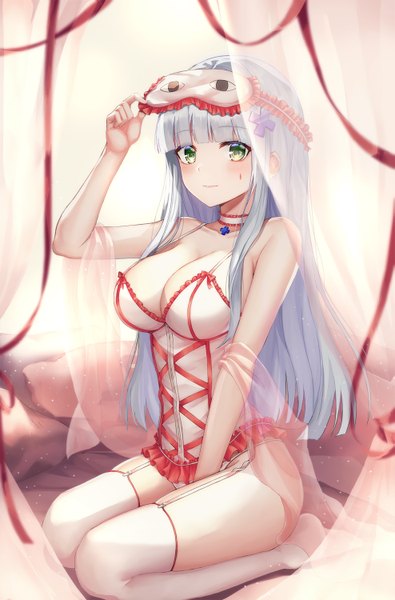 Anime picture 987x1500 with girls frontline hk416 (girls frontline) minari (lmina09) single long hair tall image looking at viewer blush fringe breasts light erotic large breasts sitting bare shoulders green eyes payot cleavage silver hair full body blunt bangs