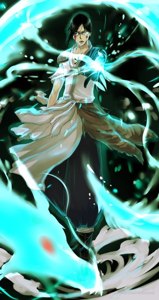 Anime picture 1000x1878 with bleach studio pierrot ishida uryuu rusky single tall image short hair open mouth blue eyes black hair signed one eye closed wink magic boy glasses armor blood dragon