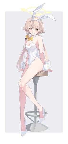 Anime picture 2107x4438 with blue archive hifumi (blue archive) arume ad single long hair tall image looking at viewer blush highres light erotic simple background blonde hair smile sitting twintails animal ears yellow eyes full body bunny ears low twintails