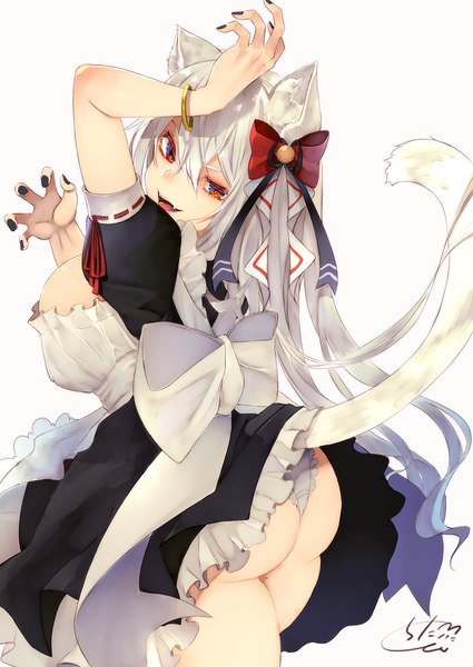 Anime-Bild 1416x2000 mit original chita (ketchup) single long hair tall image looking at viewer fringe breasts open mouth light erotic simple background hair between eyes red eyes large breasts white background signed animal ears silver hair tail nail polish