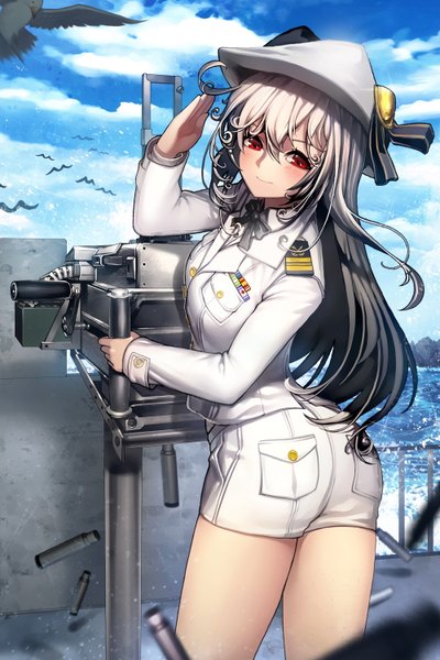 Anime picture 1000x1500 with original rheez (artist) long hair tall image looking at viewer blush smile red eyes sky cloud (clouds) white hair girl uniform weapon gun military uniform peaked cap