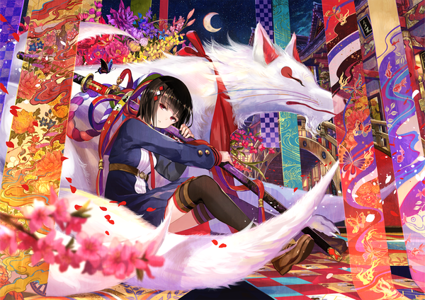 Anime picture 1563x1105 with original fuzichoco looking at viewer short hair black hair red eyes sitting girl thighhighs dress hair ornament flower (flowers) weapon black thighhighs animal petals sword katana fox
