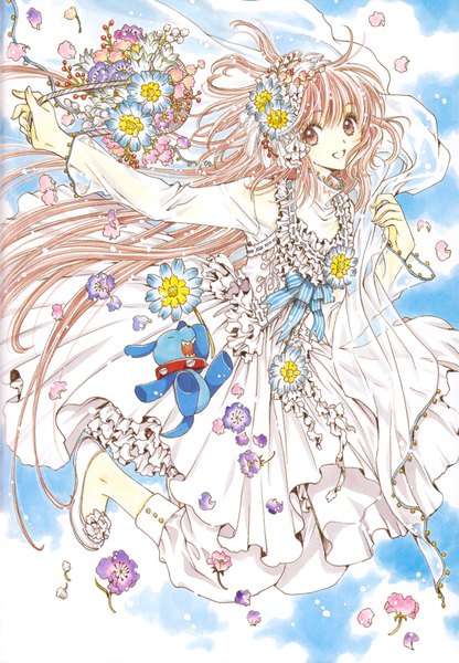 Anime picture 5607x8081 with kobato clamp hanato kobato long hair tall image highres open mouth brown hair brown eyes absurdres sky cloud (clouds) eyes closed hair flower light smile striped jumping transparent girl hair ornament