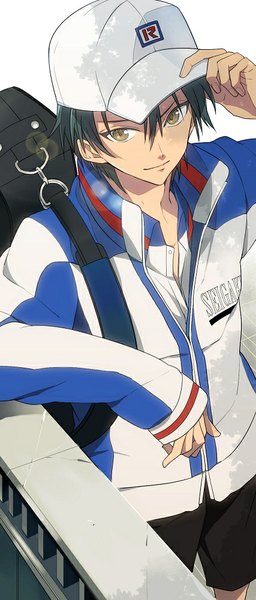 Anime picture 427x1000 with prince of tennis echizen ryoma nic (kevin) single tall image looking at viewer short hair black hair white background brown eyes light smile from above open collar boy uniform bag gym uniform baseball cap